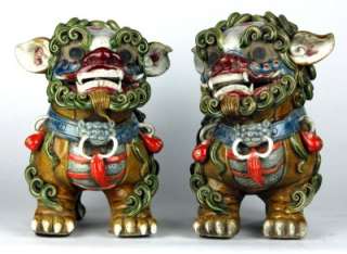 CERAMIC FOO DOGS Fu Lion Set Pair Chinese Foshan 10  