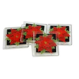  Peggy Karr Red Poinsettia Handmade Art Glass Coasters, Set 
