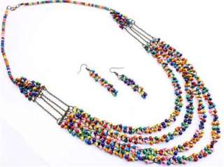 LAYERS MULTI COLOR SMALL WOOD BEAD LONG NECKLACE EARRING  