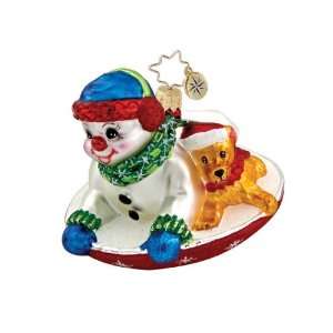 RADKO SNOWDRIFT SLEIGH RIDE Snowman Dog Christmas Glass Ornament 