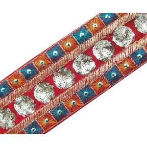  9 YARD RED BASE FABRIC EMBROIDERED SEQUIN RIBBON TRIM 