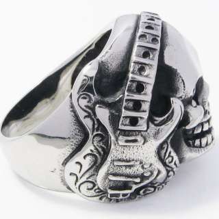   Stainless Steel Biker Mens Ring Creepy Skull Music Guitar 1FG  