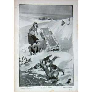   C1916 Stainforth Print Winter Snow Children Sledging