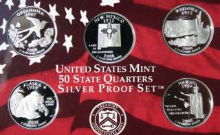 2008 SILVER State QUARTER Proof 5 Coin Set w/ Box & COA PF Statehood 