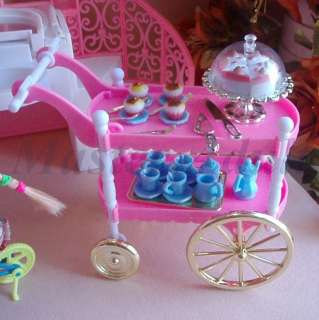 Cart for Barbie with birthday cake, cup cake, tea set, etc playful 