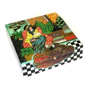 Coromandel WOMAN W/CATS Hand Carved,Hand Painted Wooden Box 12x12x5 