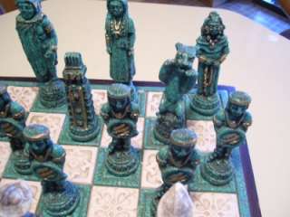 Vintage Malachite Mexico Chess Set Aztec & Conquistador  
