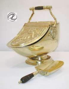 Antique Brass Coal Scuttle with Shovel Ornate Floral Design MARKED 