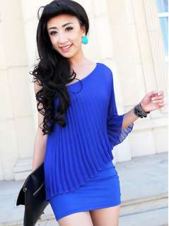   Pleated Chiffon Single Shoulder Dress Blue Womens Dresses NEW  