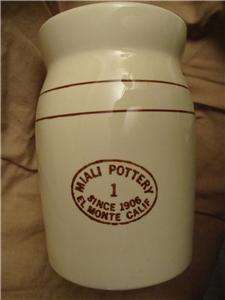 VINTAGE CROCK BUTTER CHURN, MIALI POTTERY, 1 GAL, RARE RED PRINTING 