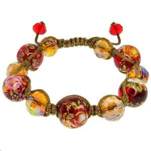   Flower Murano Glass & Crystal Beads On Cotton Rope Adjustable Bracelet