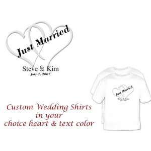  2 Personalized Just Married Wedding T Shirts Across Hearts 