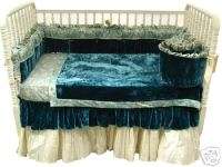 COZY Blue Crushed Velvet/Ivory Satin Crib Set Baby NEW  
