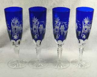 Set 4 Cut to Clear Crystal CHAMPAGNE FLUTES Sapphire Blue  