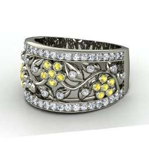 Daisy Chain Ring, 14K White Gold Ring with Yellow Sapphire & Diamond