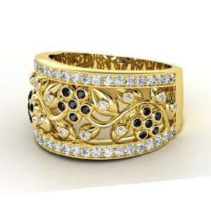 Daisy Chain Ring, 14K Yellow Gold Ring with Black Diamond & Diamond