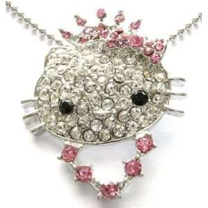  Princess Kitty Pink Crystal Crown Necklace Pendant 