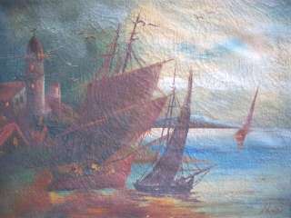 Great antique oil on canvas boats painting # 06414  