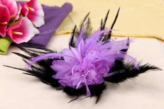 Purple Black Feather Bead Corsage Brooch Pin Hair Clip Flower 