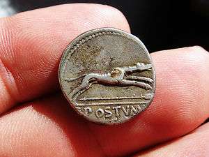 Lucernae* Beautiful C. Postumius AR denarius. Dog & spear.  