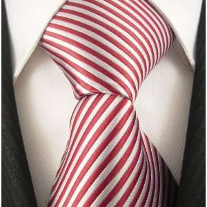  DENG YING Red Silver Striped JACQUARD WOVEN Mens Silk Tie 