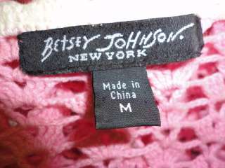 Betsey Johnson Pink Vintage Style Crocheted Cardigan Sweater M Medium 