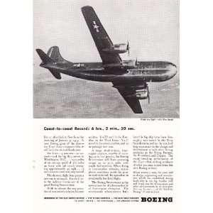 1945 WWII Ad Boeing C 97 Army Transport Sets Coast to Coast Record 