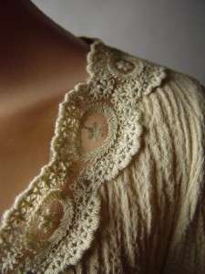Neutral Crochet Lace Soft Cotton Peasant Style Medieval Top Blouse fp 