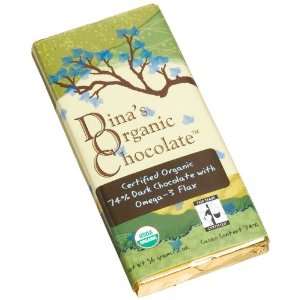 Dinas Organic Chocolate 74% Dark Chocolate with Omega 3 Flax, 2 Ounce 
