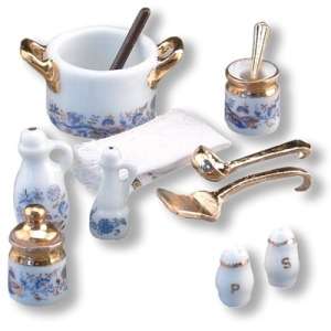 Reutter Porcelain Miniature Blue Gold Stove Top Set  