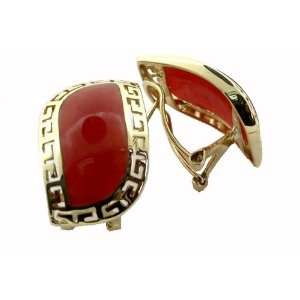  Red Jade Rivus with Greek Key Border Earrings, 14k Gold 
