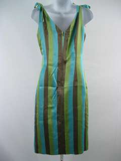 RENE LEZARD Blue Green Striped Silk Sleeveless Dress 36  