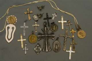 Lot of 19 Religious Cross Crucifix Medallions Pendants + Earrings and 