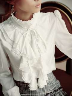 Womens Girls Office Lady Chiffon Frill Collar Tops Shirt Blouse 2 