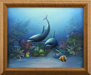 Dolphins Tropical Fish Ocean Coral FRAMED OIL PAINTING  