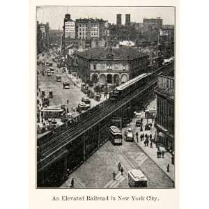 Print Cityscape Elevated Railroad Train New York Street Scene Historic 