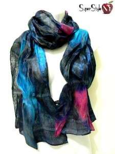   Gray Blue Small Flower Design With Beads Silk Long Tie Dye Wrap Scarf