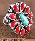 Navajo Indian Silver Coral and Turquoise Ring Sz 7 1/2