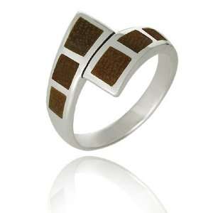  Sterling Silver Wood Inlaid Ring   Size 8 