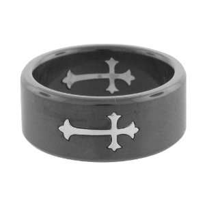 Inox 316L Stainless Steel Black Satin Finish Cross Embellished Ring (9 