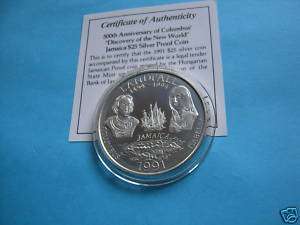 1991 COLUMBUS LANDFALL JAMAICA 925 SILVER $25 COIN  