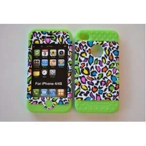   Leopard on Lime Green Silicone Iphone 4 4g 4s 2 in 1 Rubber Cover Case