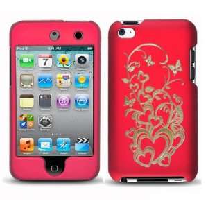  iPod Touch 4 Laser Hearts Red Rubberized Hard Protector 