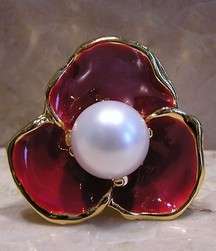 Kenneth Jay Lane Couture Enamel Ring Red Flower with a Pearl Center 