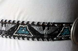 Vtg NOS Snap On Tooled Leather Belt Eagle Silver/Turquoise Name Place 