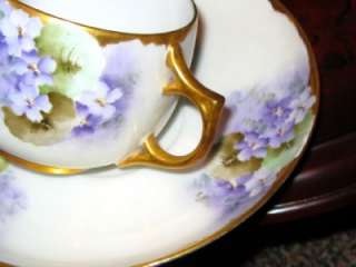 LIMOGES HAND PAINTED VIOLETS GOLD TEA CUP AND SAUCER FAB  
