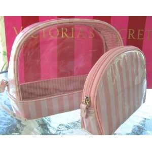  Victorias Secret Pink Stripe Cosmetic Travel Case Set 