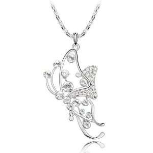 Beautiful Butterfly Crystal Pendant, Women Sweater Necklace, 18K White 