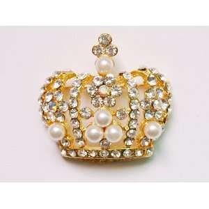   Ice Crystal Rhinestone Faux Pearl Bead England King Crown Pin Brooch