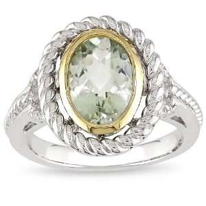  14k Yellow Gold and Sterling Silver Green Amethyst and Diamond Ring 